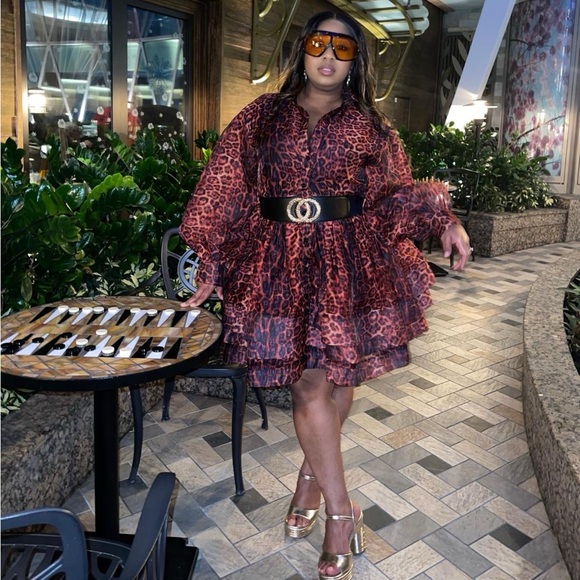 Leopard Print Layered Mini Dress with Waist Sash - Picture 1 of 1